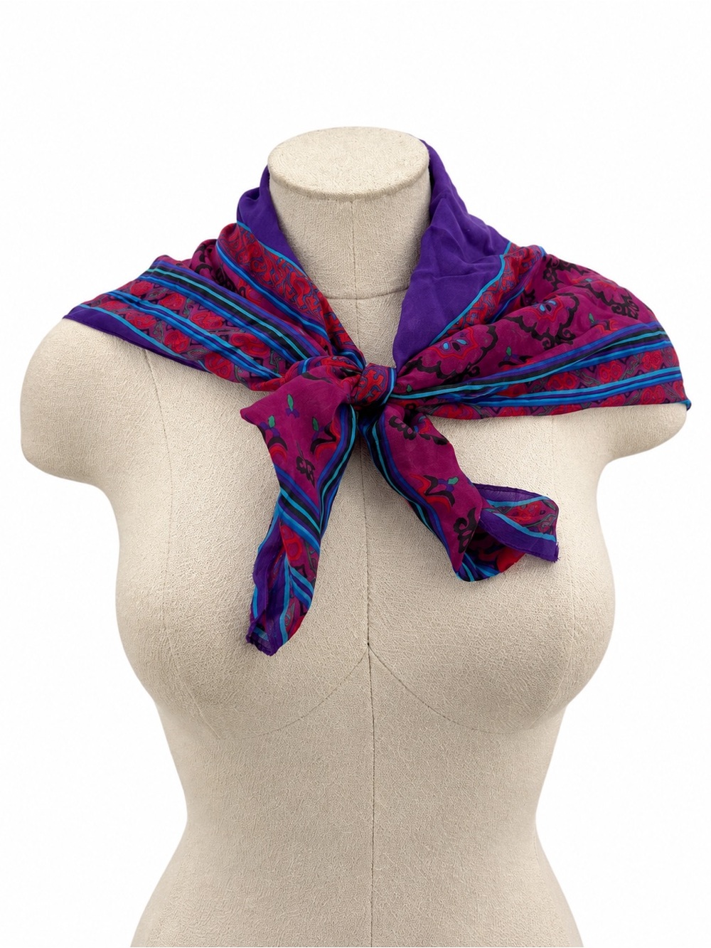 Vintage 100% Pure Silk Scarf Purple Magenta Teal Floral Geometric Made Japan
